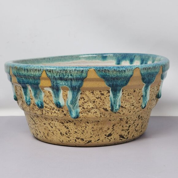 Handmade Clay‎ Pottery Drip Glaze Bowl Turquoise & Speckled Tan Pottery - Picture 5 of 11